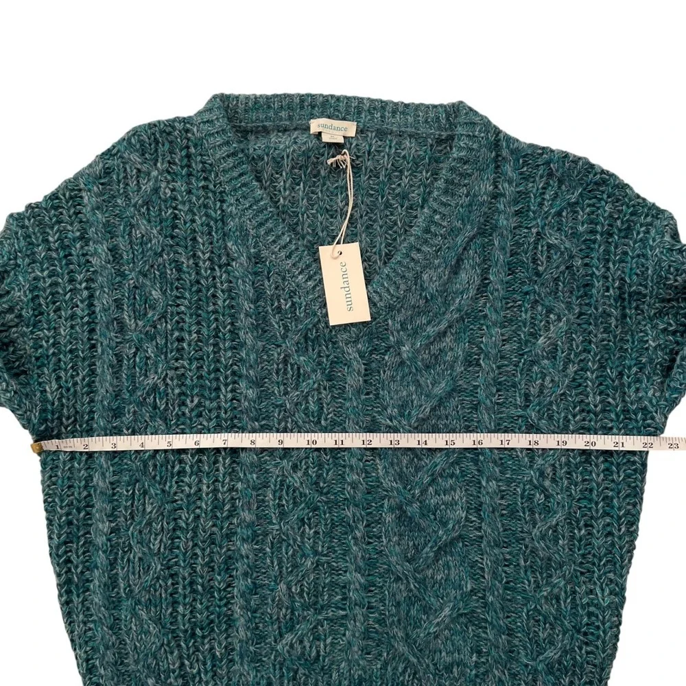 NWT Teal Blue Sundance Marlyse Chunky‎ Cable Knit V Neck Sweater SZ M Fisherman